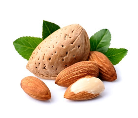 Almonds nuts with leaves.