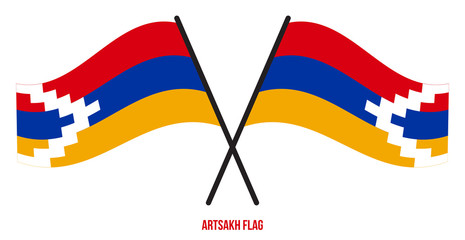 Two Crossed Waving Artsakh Flag On Isolated White Background. Artsakh Flag Vector Illustration.