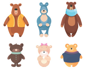 Set of teddy bears. Cute toys in cartoon style.