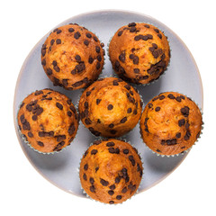 Muffins with chocolate chips on a ceramic plate