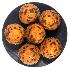 Muffins with chocolate chips on a ceramic plate