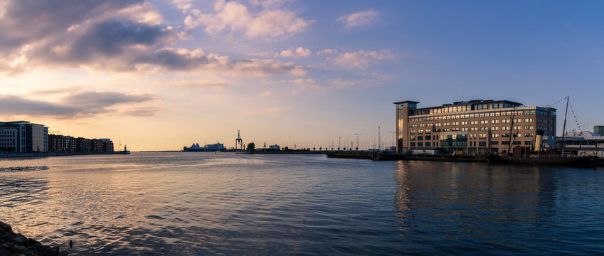 One of the harbors in Malmö, Sweden, called the inner harbor (Inre hamnen) during summer sunset