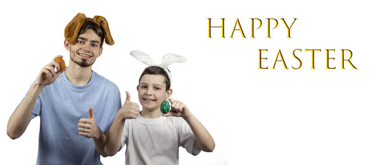 Easter eggs. Happy easter. Multi-colored Easter eggs and a rabbit. Easter eggs on a light background. Easter greetings XB. Rabbit boys. Banner. Copy space