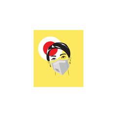 Illustration of woman with protection mask and Japan flag symbol background.