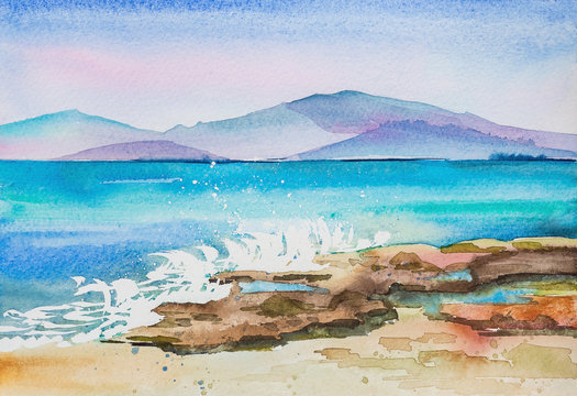 Sea landscape with mountains watercolor handmade