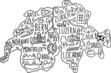 hand drawn doodle Switzerland map. Swiss city names lettering and cartoon landmarks, tourist attractions cliparts.