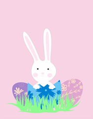 Easter Bunny. Greeting card with easter eggs, pink background.