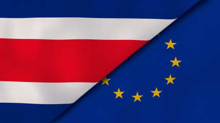 The flags of Costa Rica and European Union. News, reportage, business background. 3d illustration