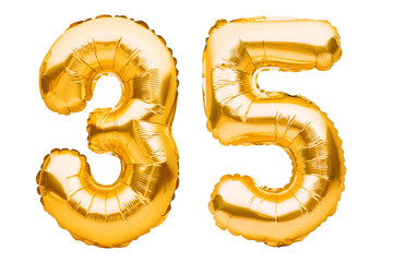 Number 35 thirty five made of golden inflatable balloons isolated on white. Helium balloons, gold foil numbers. Party decoration, anniversary sign for holidays, celebration, birthday, carnival - obrazy, fototapety, plakaty