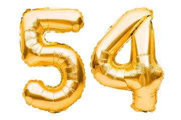 Number 54 fifty four made of golden inflatable balloons isolated on white. Helium balloons, gold...