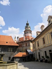 Obraz premium Bottom view of the tower in the castle in Cesky Krumlov