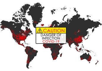 world map with caution danger of infection covid 19