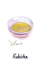 Watercolor illustration, Japanese tea, Kukicha tea