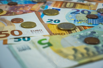 Euro money, euro cash background with coins, Money Banknotes
