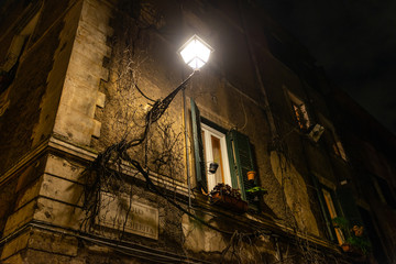 Night image of an alley in Trastevere in Rome. This district is one of the liveliest in the city, very famous among tourists for its ancient views, churches, typical restaurants and nightlife. Italy.