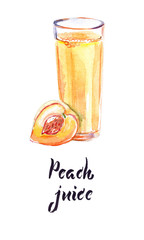 Watercolor illustration, peach juice in glass, sliced peach fruit, raster