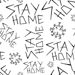 Seamless doodle background with text stay home and hand-drawn virus. Vector image for sites, textiles, booklets.