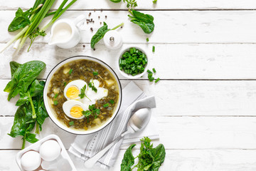 Green sorrel and spinach soup with boiled egg and sour cream on white wooden rustic table, top view