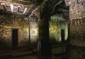 An inside view of one of the caves in Ajanta decorated with Buddhist art, near Aurangabad in the...