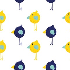 Seamless pattern of colorful birds. Blue and yellow cartoon birds.Suitable for wrapping paper and bedding.