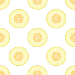 Seamless pattern with fresh half melon fruit on white background. Honeydew melon. Summer fruits for healthy lifestyle. Organic fruit. Cartoon style. Vector illustration for any design.