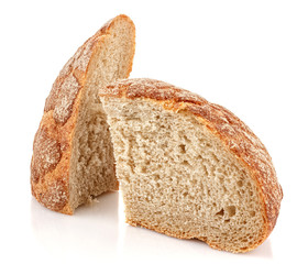 Two chunks of rye bread isolated on white background with reflection on glossy surface