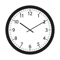 Wall clock with black frame and hands. Flat style vector illustration. Simple classic wall clock with arab numbers isolated on white background