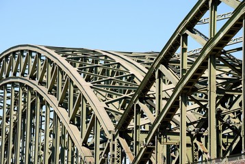 The iron tied arches of Hohenzollern Bridge (Hohenzollernbrucke) over the river Rhine in Cologne, Germany