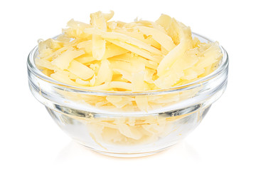 Grated cheese in a small transparent glass round bowl isolated on white background - Powered by Adobe