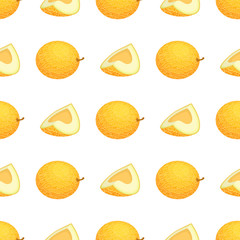 Seamless pattern with fresh whole and cut slice melon fruit on white background. Honeydew melon. Summer fruits for healthy lifestyle. Organic fruit. Vector illustration for any design.