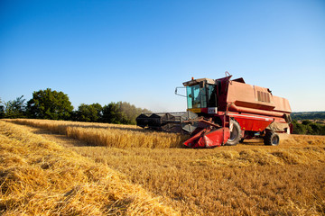 Moissonneuse en action dans les champs de blé en France.