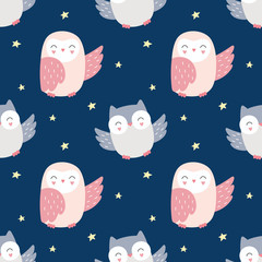 Seamless pattern magic owls, night birds, starry sky. Vector illustration for children. Printing for packaging, fabric, textile, wallpaper.