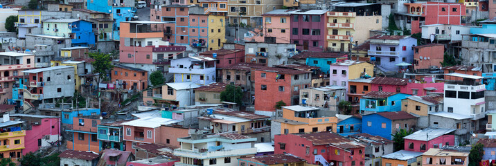 Panoramic photo of Las Penas - the oldest area of Guayaquil city at sunset, South Ecuador 2015.