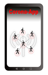 Mobile phone virus detection app. Smartphone health virus tracking location app with people. Isolated on white background.