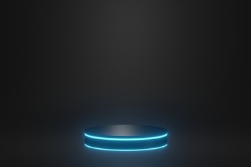 3d rendered illustration with geometric shapes black cylinder podium blue light platforms for cosmatic product presentation,minimal design with empty space.