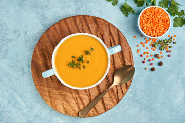 Red lentil soup. Traditional middle eastern, turkish , ramadan cuisine. Vegan food