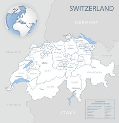 Fototapeta na wymiar Blue-gray detailed map of Switzerland and administrative divisions and location on the globe. Vector illustration