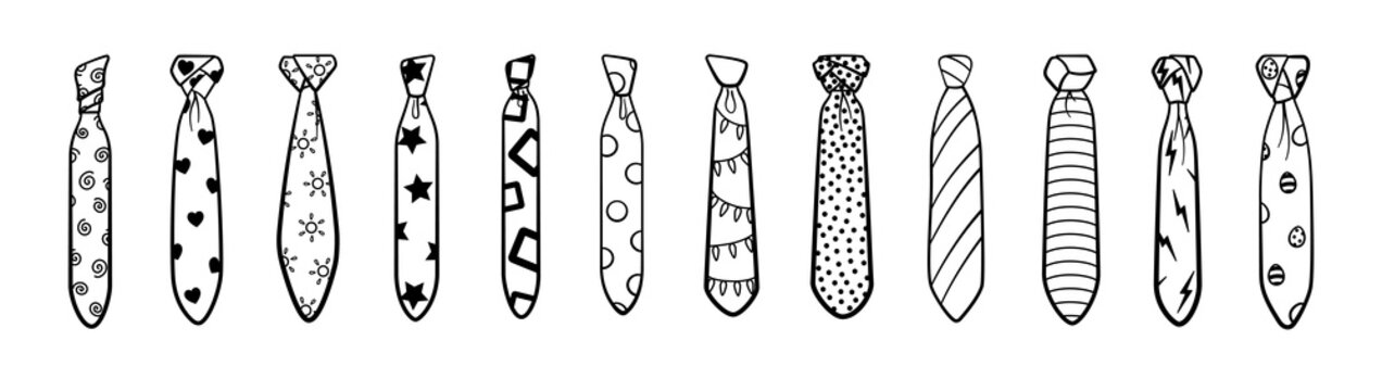 Outline style neckties with different knots and patterns big set on white background