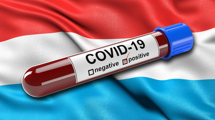 Obraz premium Flag of Luxembourg waving in the wind with a positive Covid-19 blood test tube. 3D illustration concept for blood testing for diagnosis of the new Corona virus.