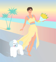 Girl with white poodle. Isolated illustration. Happy pet and beutiful girl in yellow dress. Ocean life. Summer love concept.