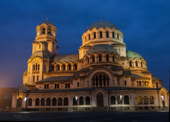 Fototapeta na wymiar Cathedral of Alexander Nevsky at night, main cathedral of capital of Bulgaria, Sofia, Bulgaria.