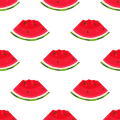 Seamless pattern with fresh cut slice watermelon fruit on white background. Summer fruits for healthy lifestyle. Organic fruit. Cartoon style. Vector illustration for any design.