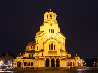 Fototapeta na wymiar Cathedral of Alexander Nevsky at night, main cathedral of capital of Bulgaria, Sofia, Bulgaria.