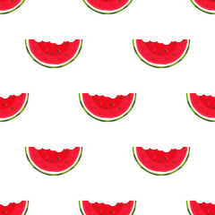 Seamless pattern with fresh cut slice watermelon fruit on white background. Summer fruits for healthy lifestyle. Organic fruit. Cartoon style. Vector illustration for any design.