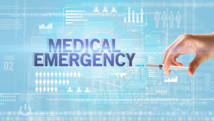 Close-up view of doctor's hand in a white glove holding syringe with MEDICAL EMERGENCY inscription, healthcare and medical concept