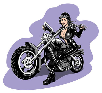 Biker woman in latex suit driving motorcycle. Vector illustration.
