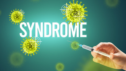 Close-up view of doctor's hand in a white glove holding syringe with SYNDROME inscription,...