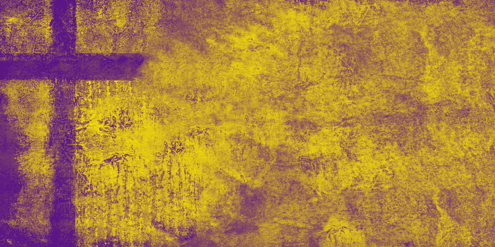 purple on yellow, cross with painted texture - textural art effect, copy space, worship slide background, ready for text: scripture, worship lyrics, quote...