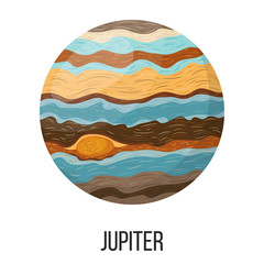 Jupiter planet isolated on white background. Planet of solar system. Cartoon style vector illustration for any design.