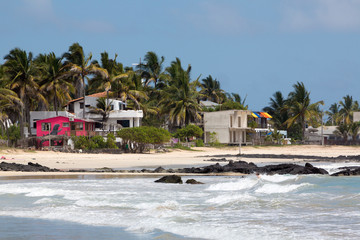 View of the beach and the ocean from Isabela Island with houses and palm trees on the beach. Galapagos Islands. Ecuador 2015